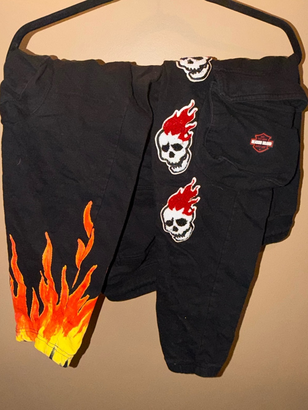 Reason Black Cargo Pants with Flame & Skull Appliqué